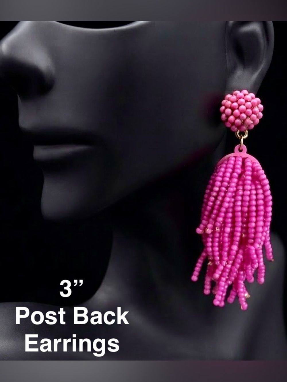 E32. Hot Pink Beaded Tassel Post-Back Earrings